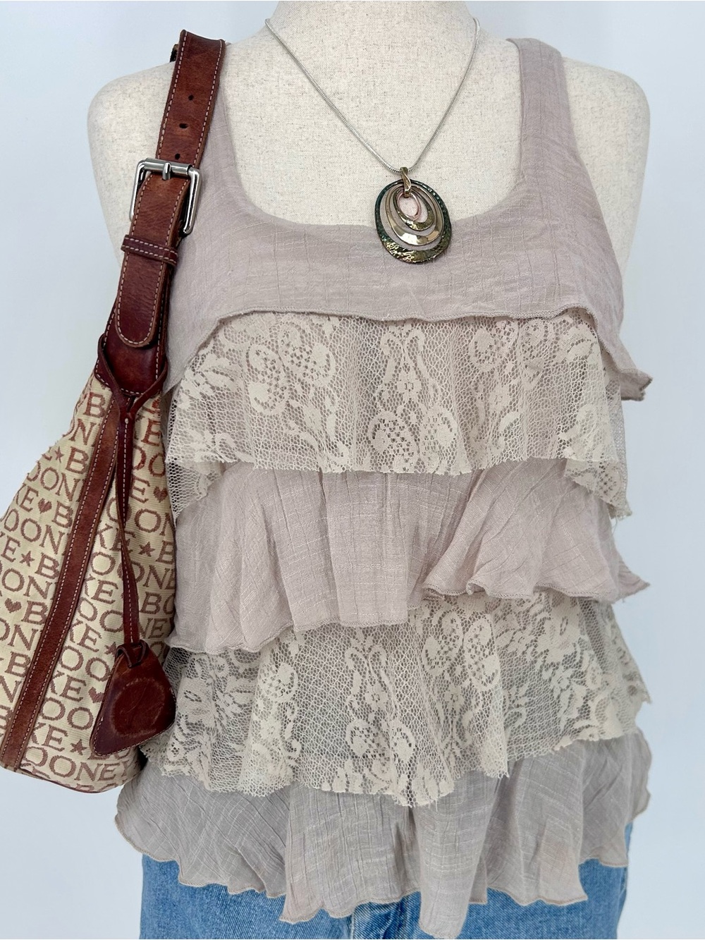 Y2K Boho Lace Tiered Tank Taupe Beige Ruffle Fairycore Top Size L